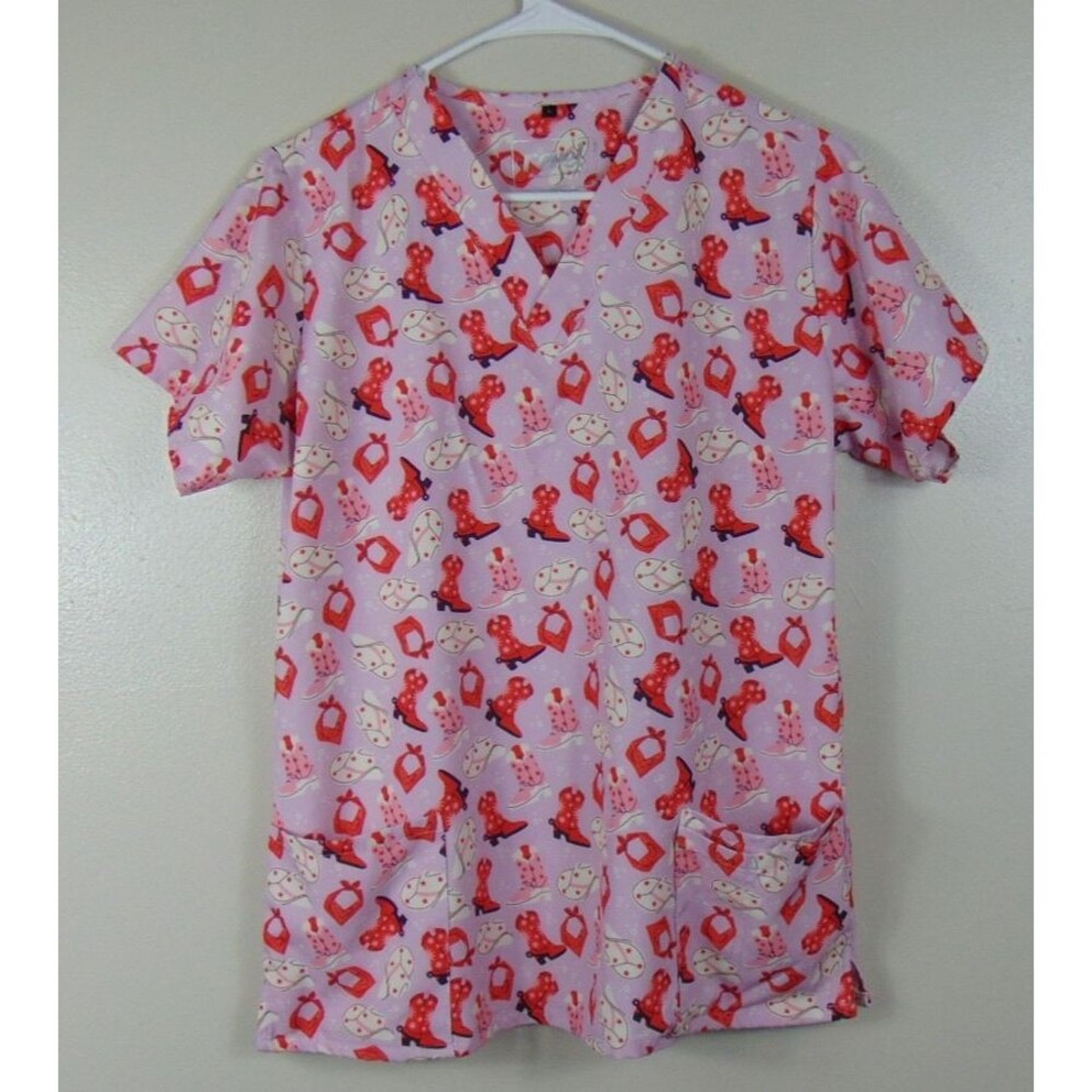 Revel Premium Stretch Scrub Top L Western Cowboy Boots Hats Bandana Medical